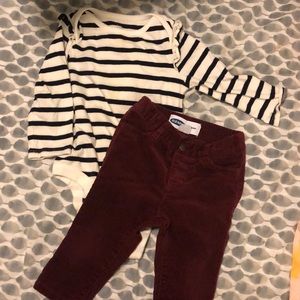Stripe and corduroy pant outfit